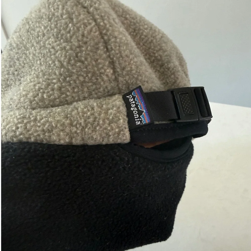 Vtg Patagonia Synchilla Duckbill Cap Size M Tan Black Neck Flap 5 Panel Hat Gorp